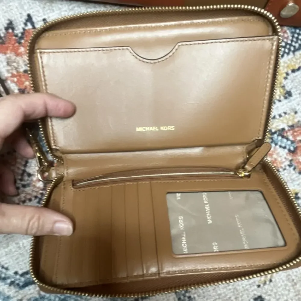 Michael Kors Mercer Colorblock Tote Wallet Set Tan Orange Center Stripe Leather